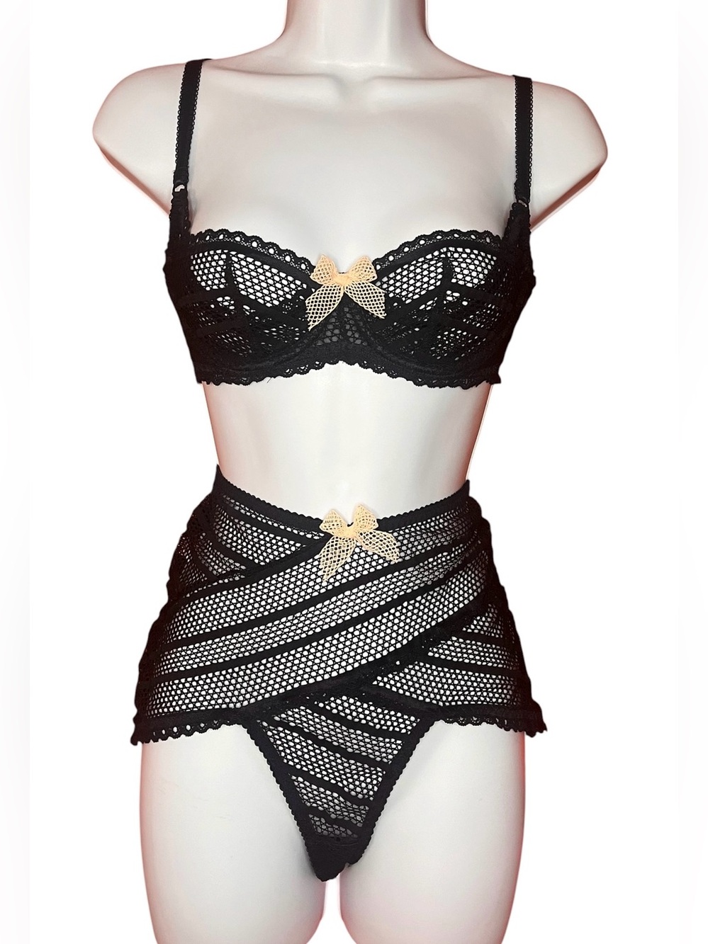 Agent Provocateur Black Lace Mesh Bra & High-Waist Skirt Set with Peach Bows